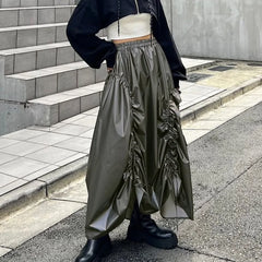 Lunivop Gray Shirring Maxi Skirts for Women Fashion High Waist Irregular A-line Skirt Autumn Winter Vintage Ruffle Y2K Skirt