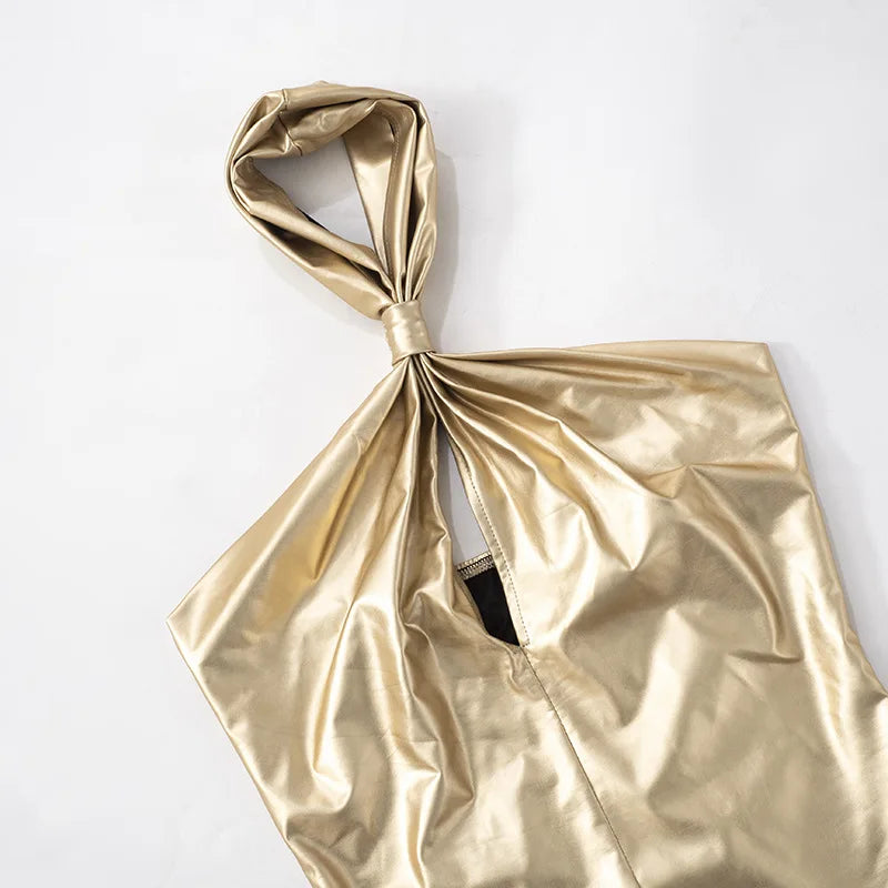 Lunivop Metallic Gold Halter Backless Bodysuit Tops Women Y2K Clothing Sexy Leotard Clubwear Rave Oufits One Piece Body Suit