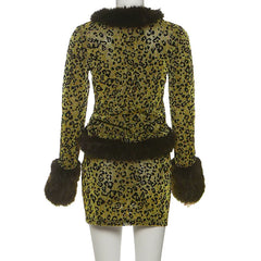 Lunivop  Women Sexy Furry Patchwork Glitter Leopard Fashion 2 Piece Set Long Sleeve Cardigan Tops + Bodycon Mini Skirts Casual Streetwear
