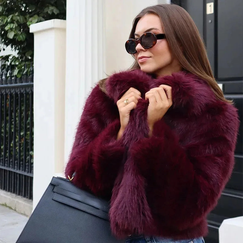 Lunivop Luxury Brown Women's Fluffy Faux Fur Warm Short Coat Chic Lapel Collar Long Sleeve Furry Jacket Winter Lady Streetwear