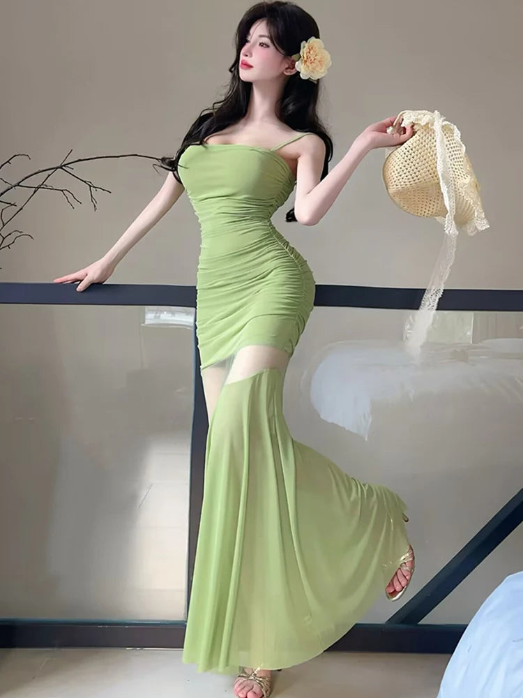 Lunivop  Black Patchwork Mesh Sheer Sexy Long Dress Women Elegant Luxury Ruffled Dress Gown Summer Korean Bodycon Party Night Dress