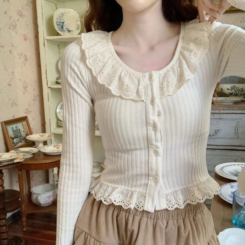 Lunivop Korean Style Sweet T-Shirts Women Elegant Lace Kawaii Long Sleeve Tops Autumn Winter Cutecore Female Solid T-Shirts