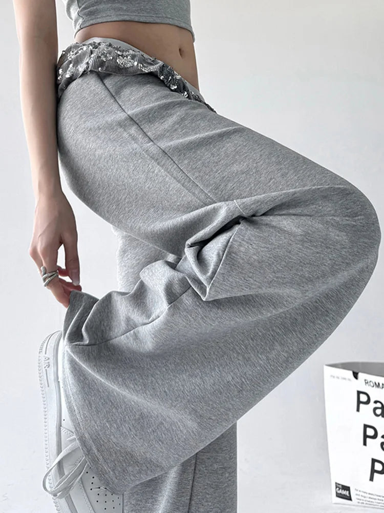 Lunivop Chic Bright Silk Patchwork Sweatpants Women Loose Streetwear High Waist Casual Pant Fashion Pockets Fall American Gray Trousers