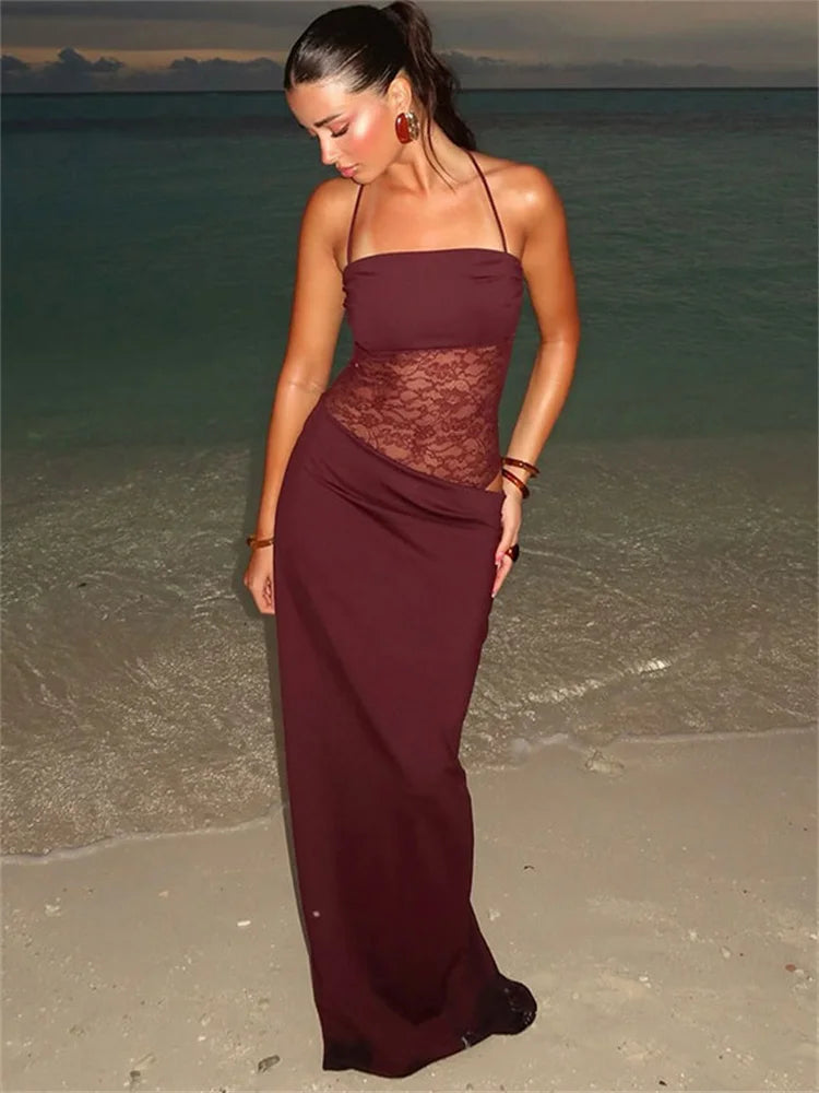 Lunivop Lace Printed Halter Dresses Female Backless Slim High Waist Drawstring Fashion Patchwork Party Dress Women's Long Dress