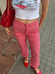 Lunivop  Womens Red Gingham Straight Leg Flare Pants High Waist Plaid Checkerboard Printed Y2k Vintage Trousers Summer Streetwear
