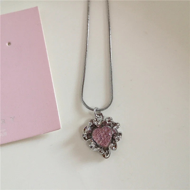 Lunivop Kpop Vintage Pink Heart Bowknot Pendant Stainless Steel Snake Chain Necklace Girl Goth Y2k Aesthetic Rave Jewelry Accessories