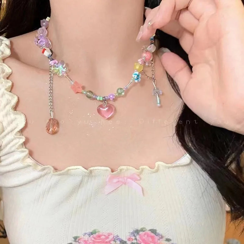 Lunivop Korean Exquisite Retro Flower Love Heart Beaded Necklace For Women Personality Simple Cool Clavicle Chain Fashion Y2K Jewelry