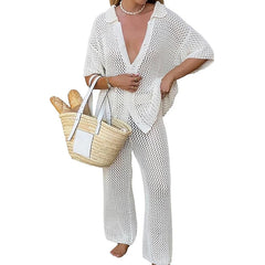 Lunivop  New Style Loose Short Sleeve Top Knitted Hollow Out Pants Beachwear Cover Up Set Women's Beach Vacation Casual Sun Bathing Smock