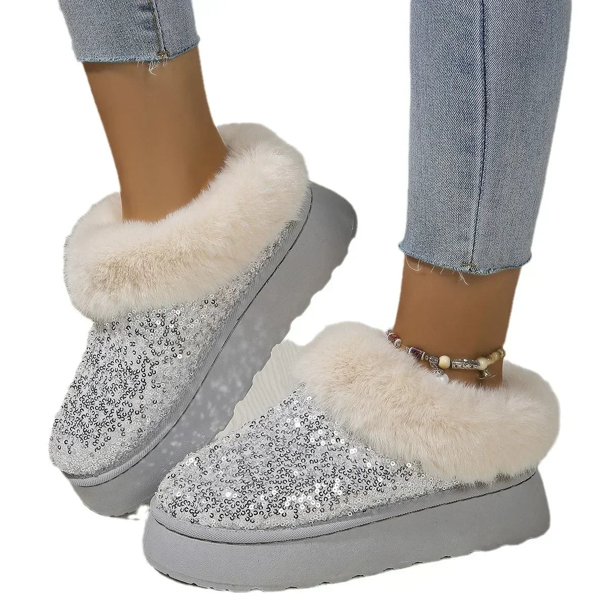 Lunivop New 2025 Winter Ankle Snow Boots Women Fashion Shiny Fur Short Plush Warm Flats Slippers Platform Shoes Indoor Cotton Flip-Flops