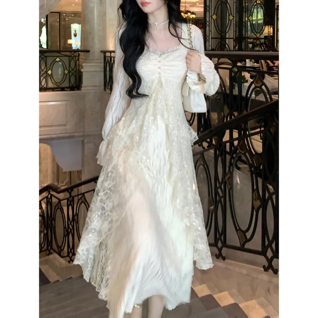 Lunivop  Elegant Solid Ruffles Fairy Dresses Korean Lace Patchwork Slim Waist A Line Dress Women Princess Party Vestidos Female Robe New