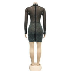 Lunivop  See Through Mesh Diamonds Bodycon Mini Party Dress Women Mock Neck Full Sleeve Hipster Night Clubwear Birthday Evening Gown