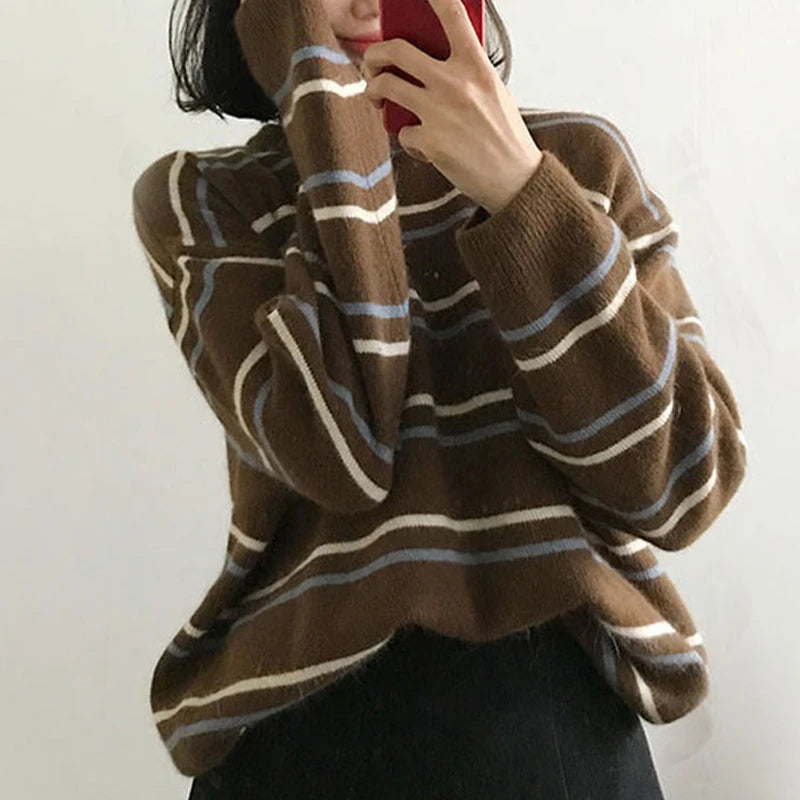 Lunivop Women Pullovers Crew-Neck Knitted Jumper New Student Striped Sweater Aesthetic  Outfit