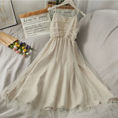 Lunivop  Chic Fashion Women Summer Elegant Temperament High Waist Slim Gauze Camisole Dresses Vintage All Match Solid