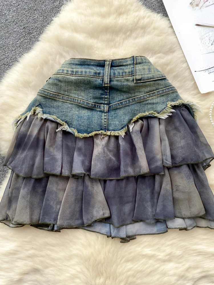 Lunivop Sexy Gyaru Denim Skirts High Waist Ruffles Patchwork Raw Edge Irregular Pockets Skirt for Women Summer Streetwear Y2k Clothing