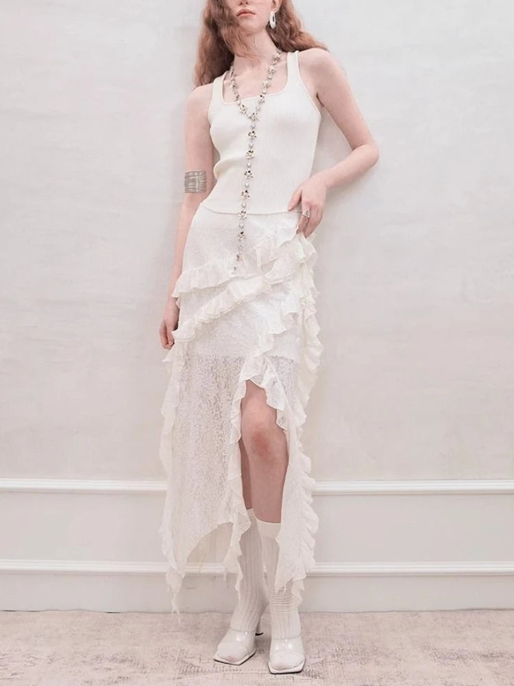 Lunivop Gothic Black Y2k Skirts Women Gyaru 2000s Lace Irregular Long White Skirt Streetwear Irregular Ruffle Skirts Aesthetic