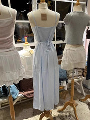Lunivop  Floral Print Lace-up Maxi Dress Women Summer Blue Sleeveless A-line Long Dresses Female Casual Vintage Sweet Cute Vestidos New