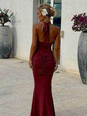 Lunivop  European American Elegant vacation style Sexy Streetwear hanging neck backless deep V-neck solid color Bodycon long Dress