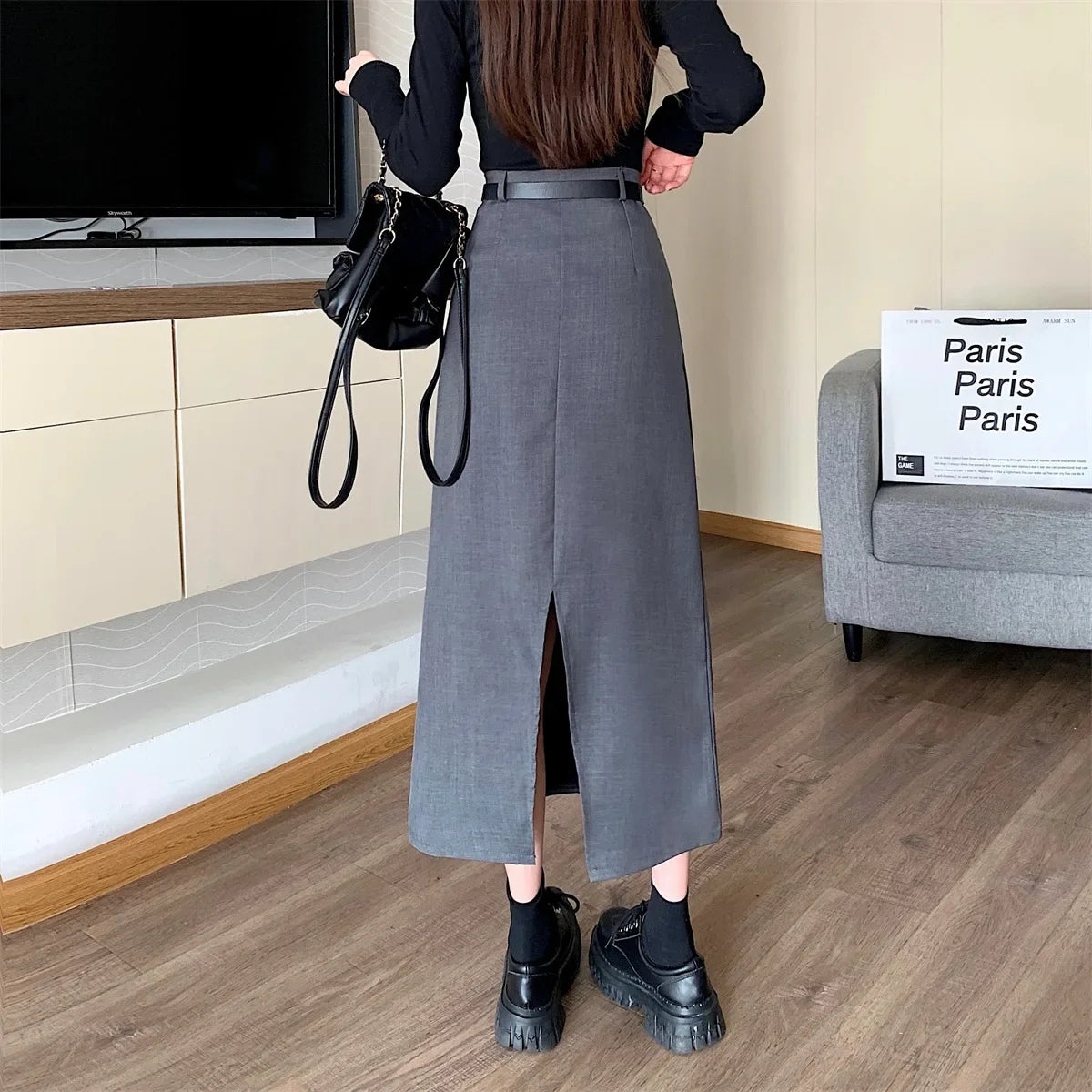 Lunivop High-waisted Slimming Skirt Greysuit Women's Lightweight Casual A- line Medium-length Dress