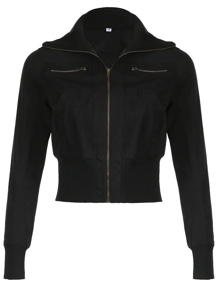 Lunivop Korean Street Style Black Zip Up Turtleneck Slim Long Sleeve Bomber Jackets For Women 2024 Autumn New Fashion Gothic Outwears
