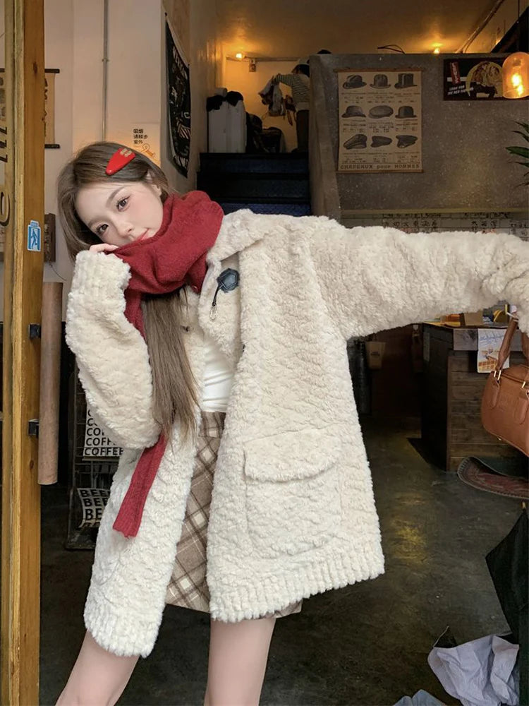 Lunivop Retro Sweet Faux Lamb Coat Women Loose Preppy Style Sweet Long Sleeve Warm Jacket Korean Vintage Casual Pockets Winter Tops