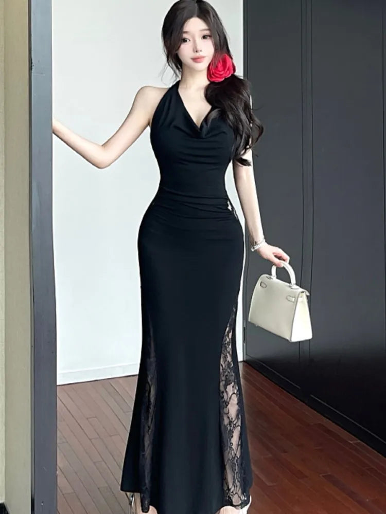 Lunivop Sexy Black Lace Hollowed Halter Dresses Women Off Shoulder Backless Slim Mermaid Long Dress High Fashion Party Outfits Vestidos