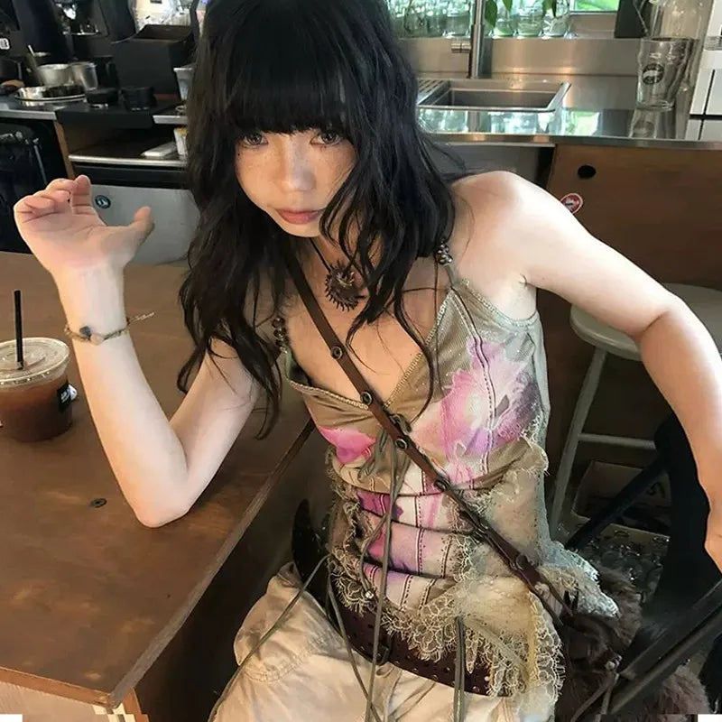 Lunivop Gothic Tank Tops Women Sleeveless Tie Dye Y2k Vintage Crop Tops Streetwear 2000s Japanese Lace Up Camis E-girls Summer