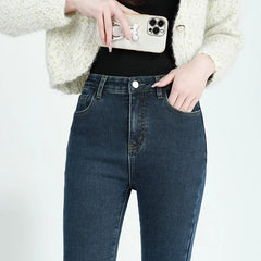 Lunivop  Winter Snow Warm Female Thin Casual Jeans Girls Thermal Fleece Flared Pants Lady Korean High Waist Straight Leg Trousers