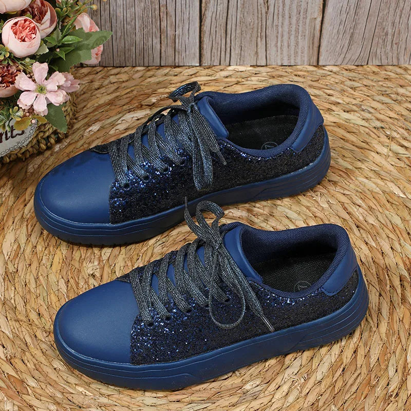 Lunivop New Women Platform Casual Sneakers Fashion Shiny Rhinestone Flat Shoes for Women Shining Crystal Sneaker Lacing Trend Shoes