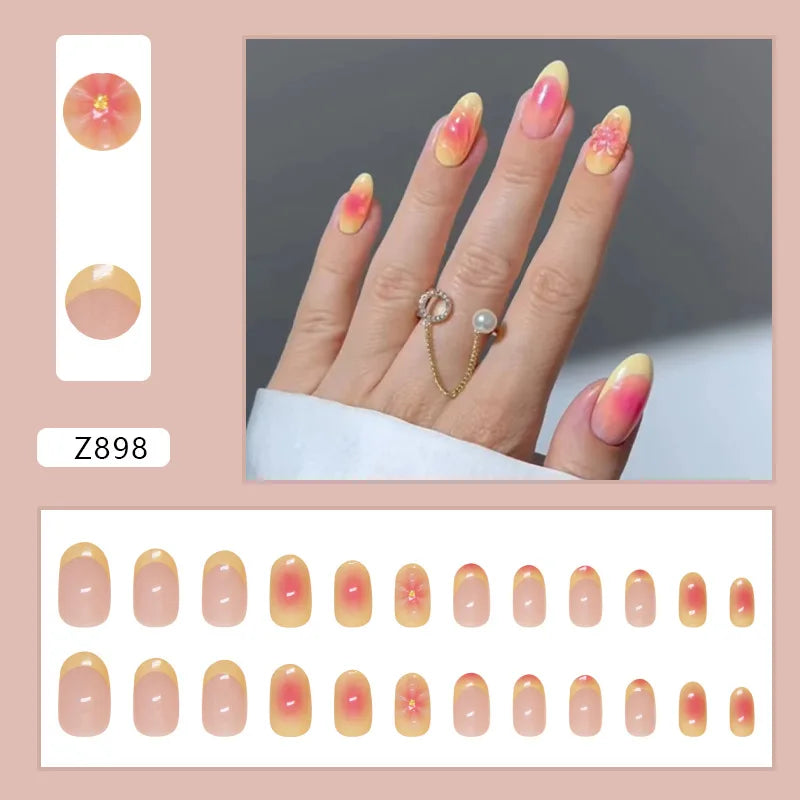 Lunivop  24pcs Summer Press on Nails 3d Flower Decorations for Fake Nails French Simple Nail Tips Paste Nails with Glue Self-nail