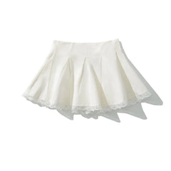 Lunivop  Holiday Front Cross Lacing up Bandage Bow Zipper Waist Mini Skirt Women White Spliced Lace Hem Ruched Swing A-lined Skirts Black