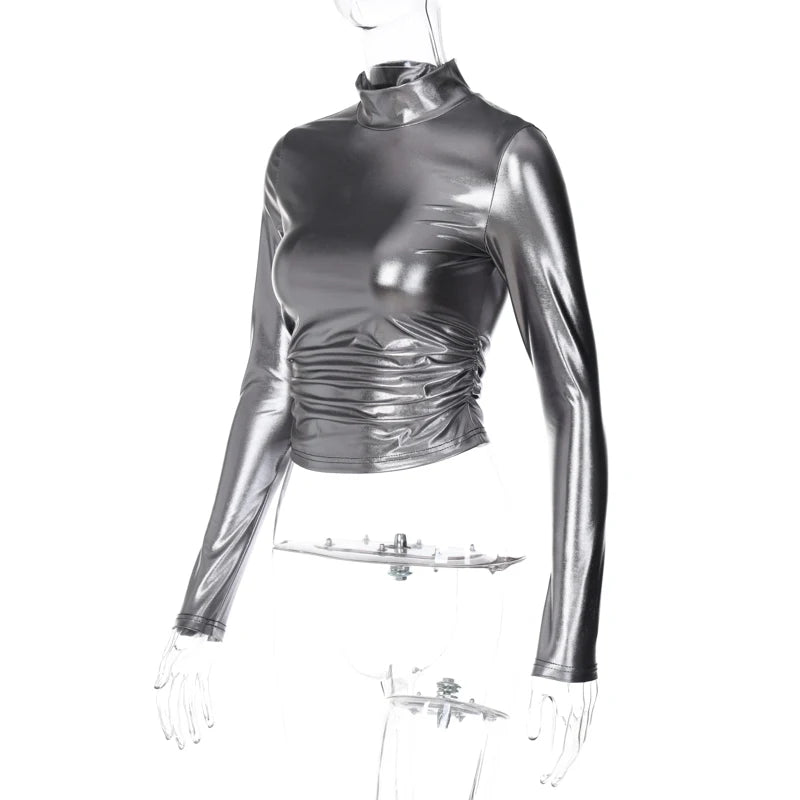 Lunivop Fashion Pu Long Sleeve Slim T-Shirt Sexy Casual Streetwear Party Club Vacation Daily Outfit Y2K Summer Women Clothes