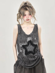 Lunivop  Hole Retro Y2K Tanks Women Streetwear Loose Star Print Harajuku Tanks American Hip Hop V Neck Shirring Gothic Tops Summer