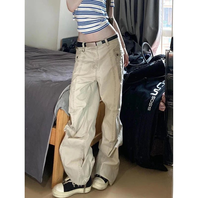 Lunivop Khaki Womens Jeans High Waist Vintage Straight Summer Y2K Classic Denim Pants Streetwear American Wide Leg Baggy Denim Trouser