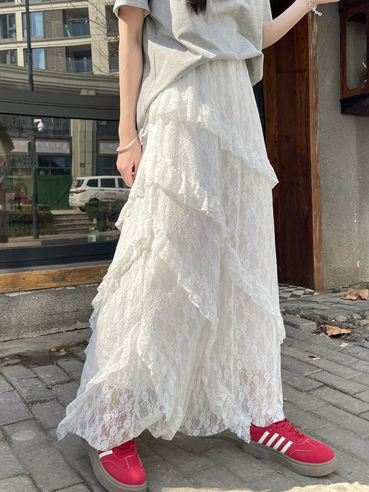Lunivop  White Lace Mesh Long Skirt Women Sweet Preppy Style Elegant High Waist Skirt Vintage Casual Patchwork Loose Cute Long Skirt