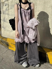 Lunivop Harajuku Japanese Style Tank Tops Women Vintage Polka Dot Ruffle Sleeveless Mesh Dress Sexy See-through Layered Wear