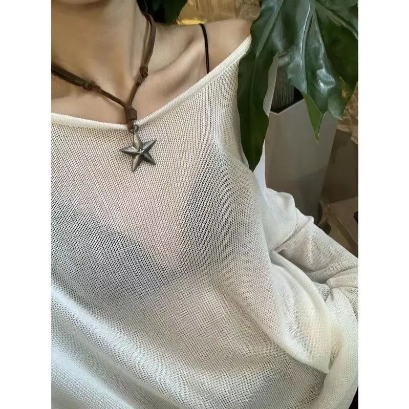 Lunivop Kpop Y2K Star Pendant Punk Necklace Cowboy Leather Rope Sweater Chain Adjustable Pentagram Long Necklace for Women Girl Jewelry