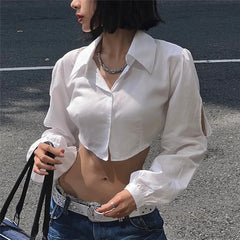 Lunivop   Sexy Puff Long Sleeve Fashion Casual Solid Slim V-neck Hollow Out Crop Tops Y2K Summer New Sweet Cute Streetwear Camis