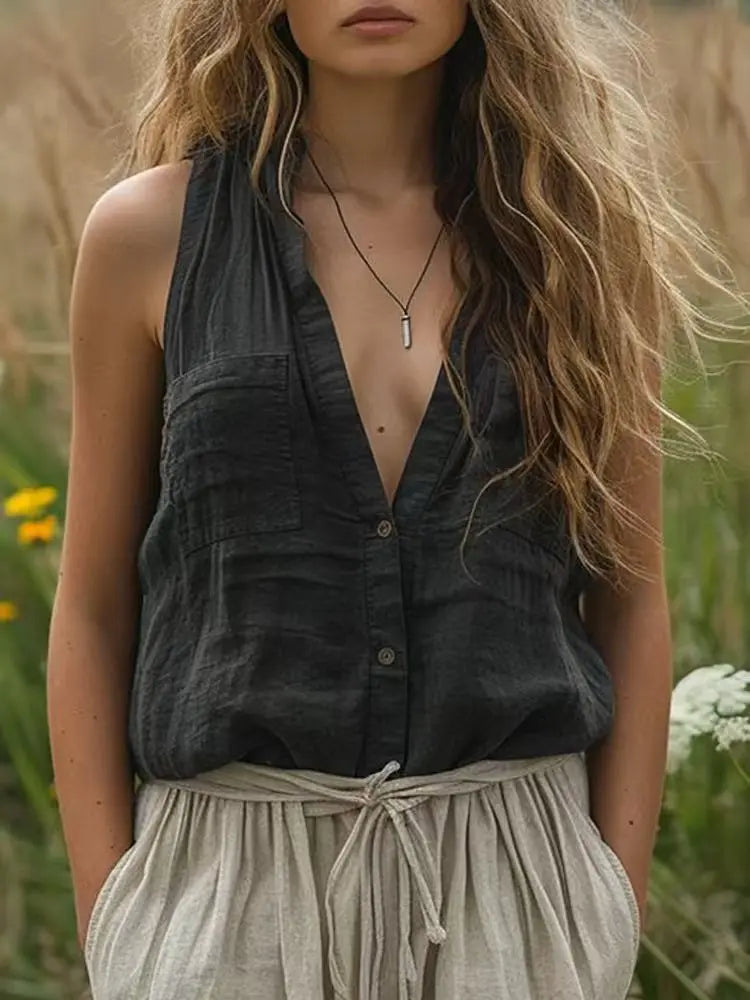 Lunivop  Elegant Sleeveless Women's Shirt Casual Loose Cotton and Linen Solid Color V-neck Vest Tops Fashion Pocket Button Up Blouse