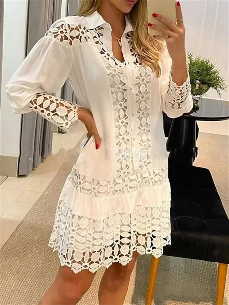 Lunivop  New Autumn Women Casual Dress Fashion Sexy Lace Hollow Solid Shirt Mini Dresses Long Sleeve Holiday Party Robe Femme Vestidos