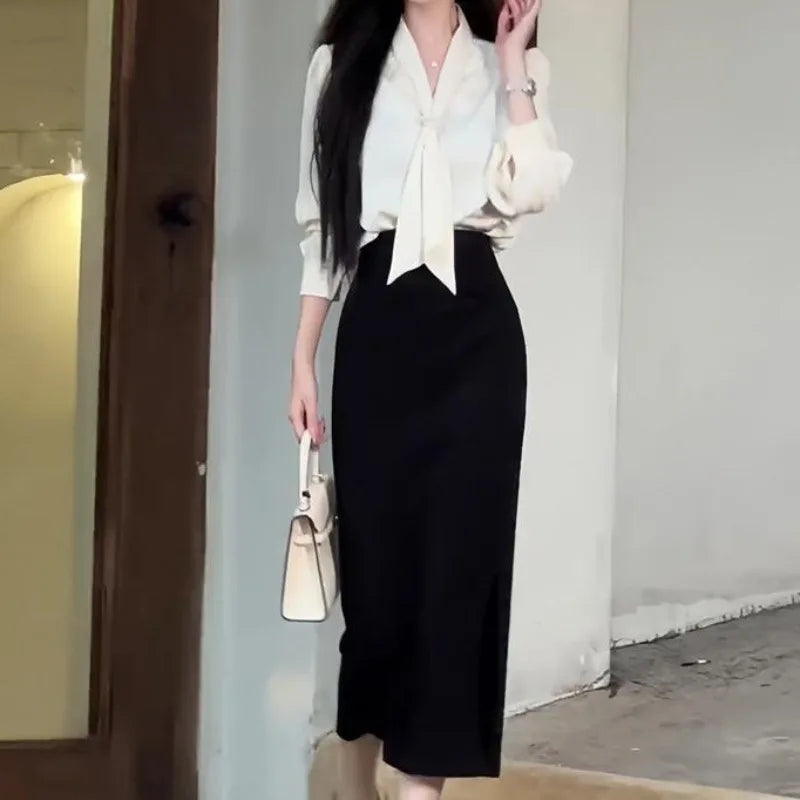 Lunivop Autumn light familiar wind professional temperament long sleeve shirt+high waist split skirt suit