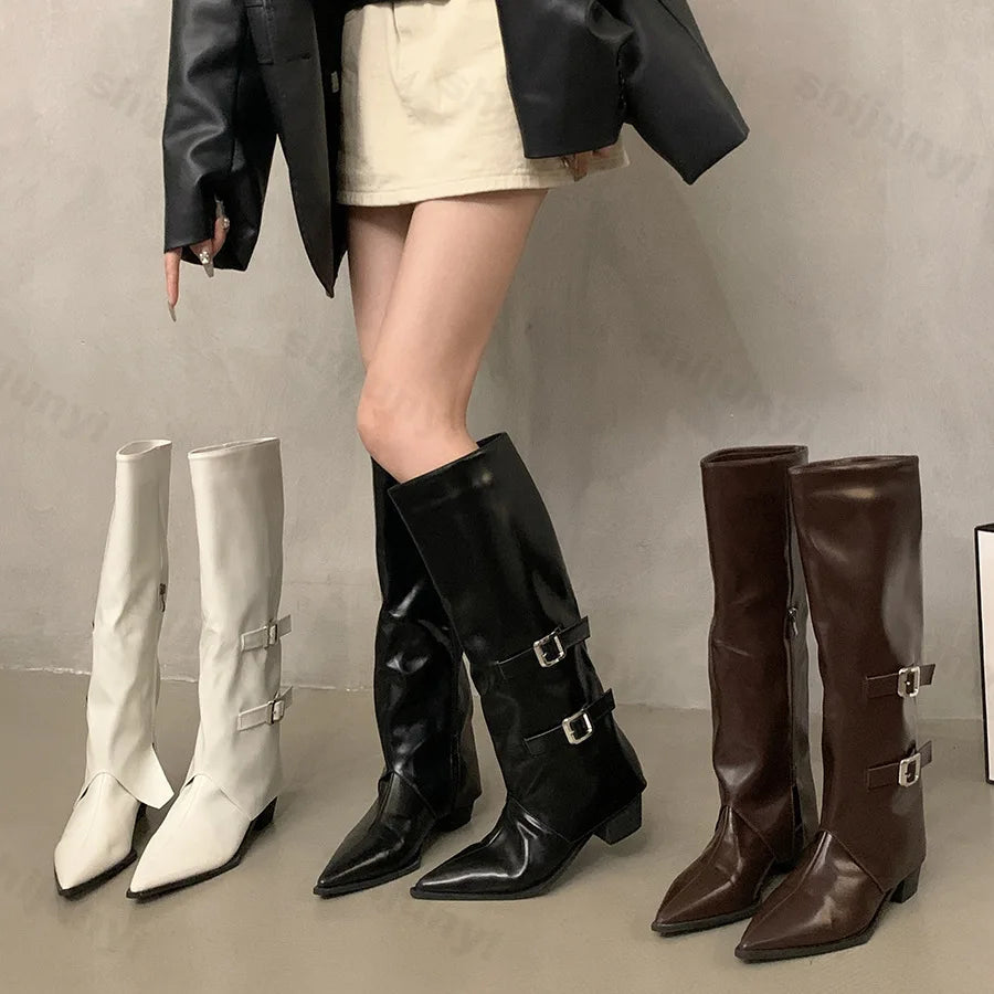 Lunivop Retro Style Women Knee High Boots New 2025 Fashion Belt Buckle Shoe Autumn Winter Wedges Heel Women Non-slip Knight Long Booties