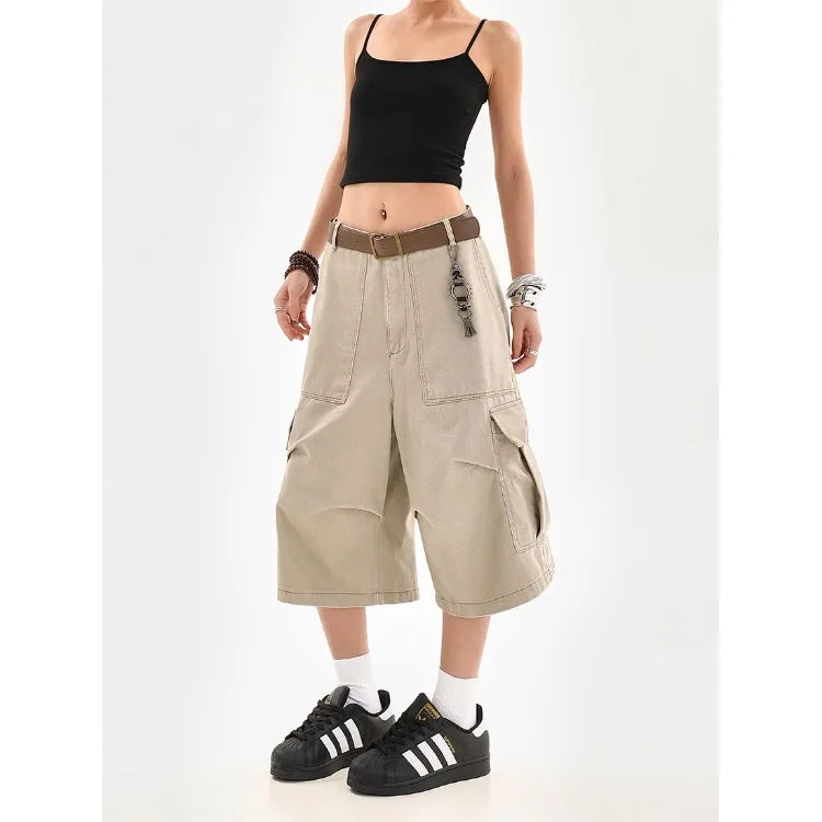 Lunivop  American High Street Shorts for Women Summer Multiple Pockets Vintage Calf- Length Pants All-match Loose Wide Leg Pants
