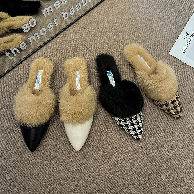 Lunivop New Winter Warm Fur Plush Women Slippers Fashion Furry Plaid Shoes Pointed Toe Flat Heel Hair Slides Zapatos De Mujer