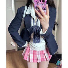 Lunivop  Y2k Sweet White Pink Plaid JK Skirt for Women Preppy Style A-line Pleated Skirts Summer New High Waist Faldas Mujer
