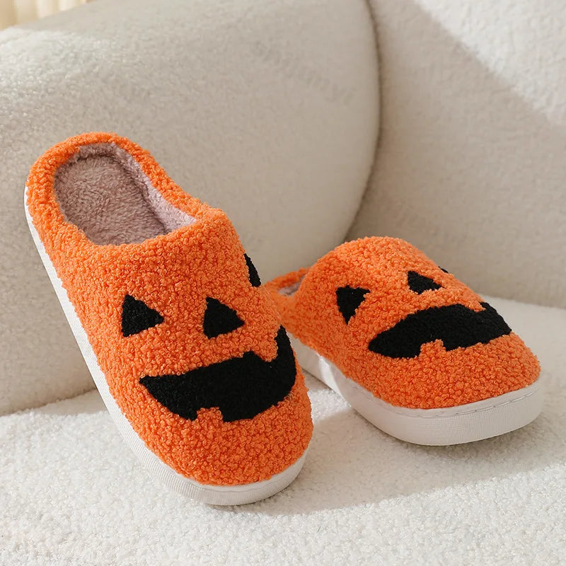 Lunivop Winter Halloween Ghost Face Pattern Cotton Slippers for Men Women Home Flats Non-slip Warm Funny Cartoon Cotton Slipper