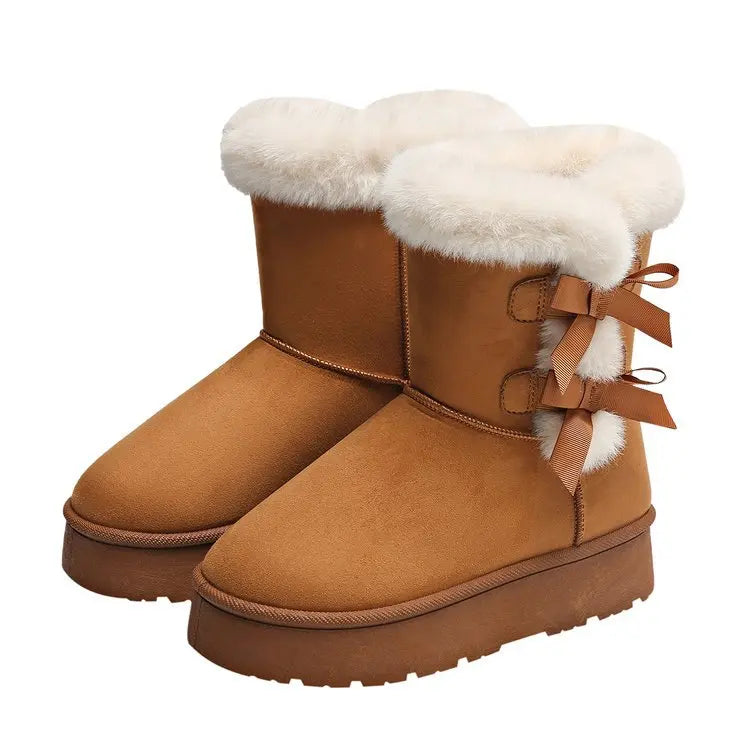 Lunivop Women Snow Boots Winter Mid-calf Boots Warm Cotton Shoes Fashion Bowknot Solid Color Ladies Brown Platform Long Boots Plus Size