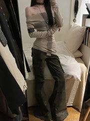 Lunivop  American Cross Patchwork Long Sleeve T-shirt Woman Early Autumn New Tops Mujer Y2k Slim Fit   Bottoming Tees