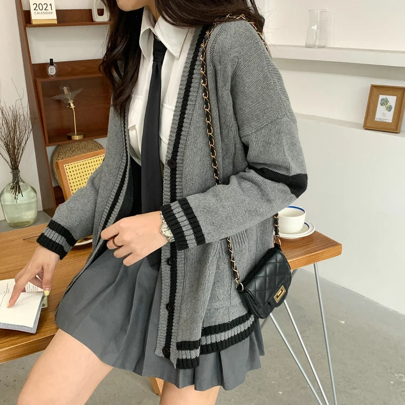 Lunivop Knit Cardigan for Women Long Sleeve Button-up with Contrast Trim Sweater Jacket Varsity High School Teen-girl Preppy Chic Outfit