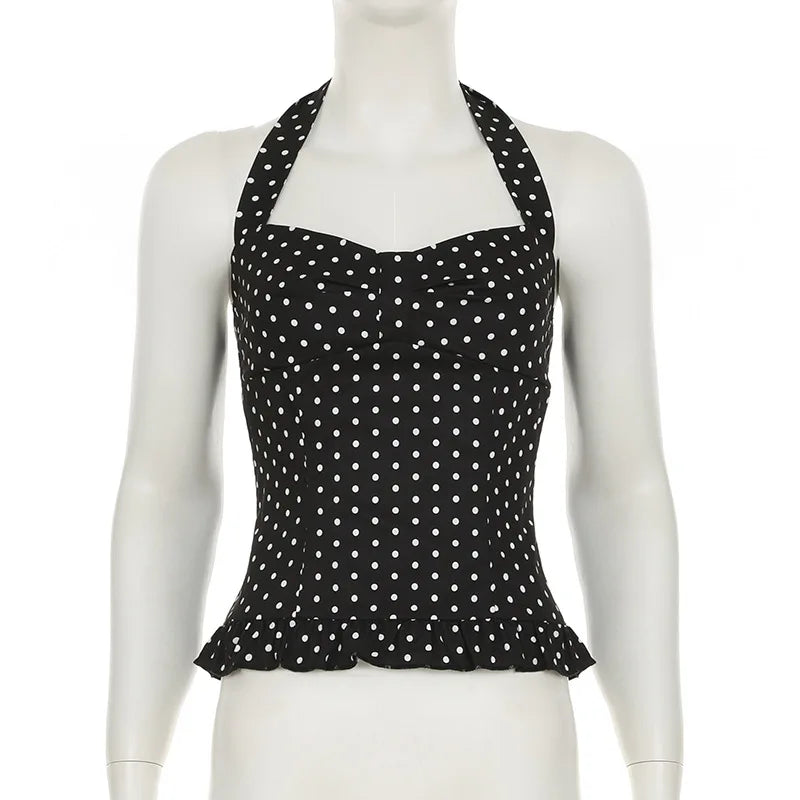 Lunivop Y2k Fairycore Ruffles Hem Backless Vest Polka Dot/Plaid Pattern Halter Crop Tops Summer Holiday Sleeveless Slim Fit Camis Tops