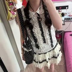 Lunivop  Summer Ancient Style Polka Dot Cake Skirt Set Japanese Light Asian Outfit Top Half Skirt Subculture 2-piece Set